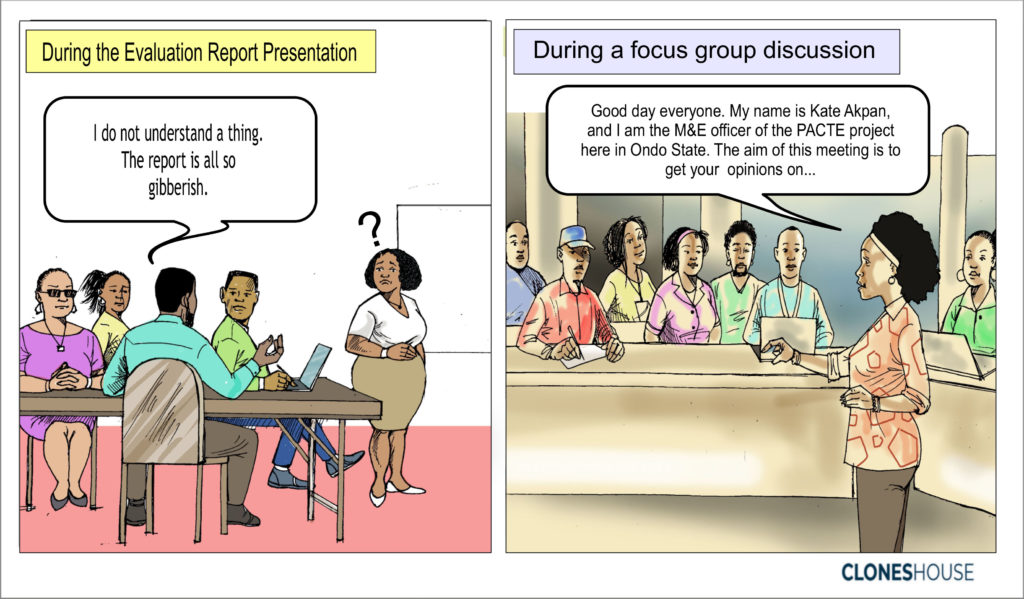 A comic on the difference between evaluation report presentation and focus group discussion