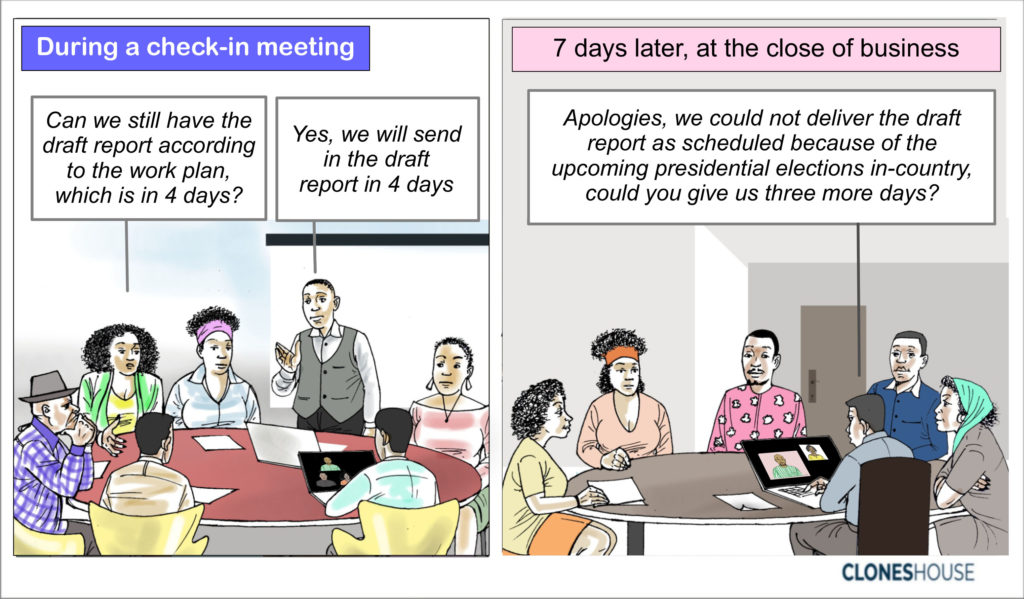 A comic that describes a work plan schedule to be delivered in 4 days during a check-in meeting which could not be delivered in 7 days.
