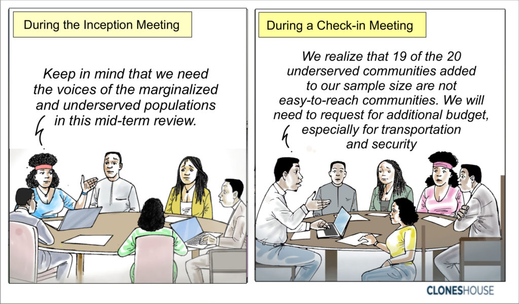 A comic about inception meeting and check-in meeting where undeserved population is the target audience but the budget need to be increased due to being in hard to reach area.